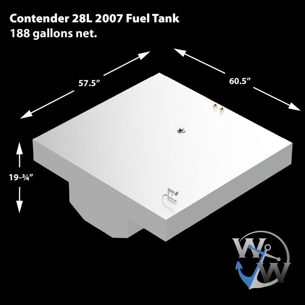 A white, rectangular Contender 28L 2007 Fuel Tank with a capacity of 188 gallons net. The tank has dimensions of 60.5" x 57.5" and a height of 19 3/4", with an irregular cutout on its underside. The top surface features two small golden posts, a central circular fitting, and a curved pipe with a rectangular base