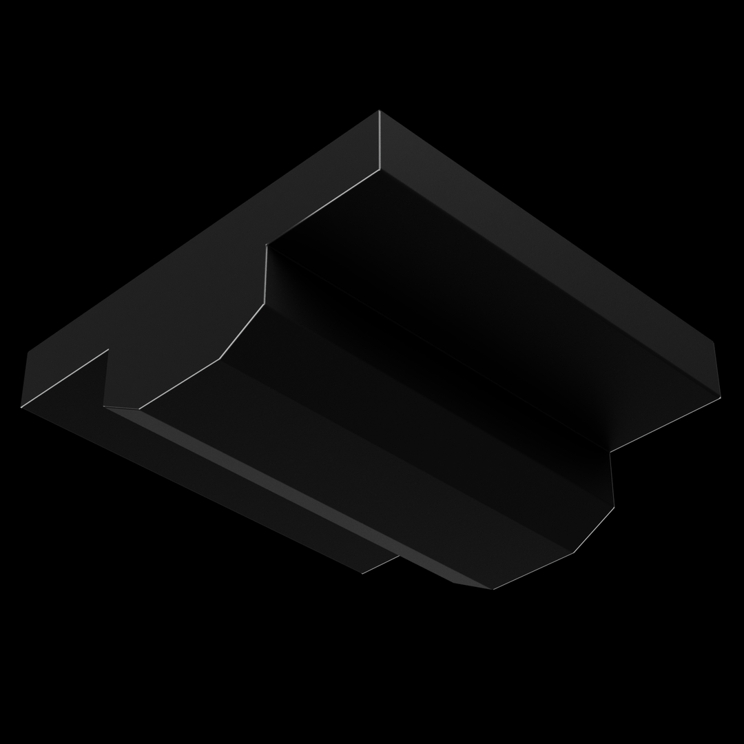 A dark gray, rectangular object viewed from below, showing an intricate, stepped, and angled underside designed to fit into a specific space. The edges are sharply defined by thin white lines against the black background