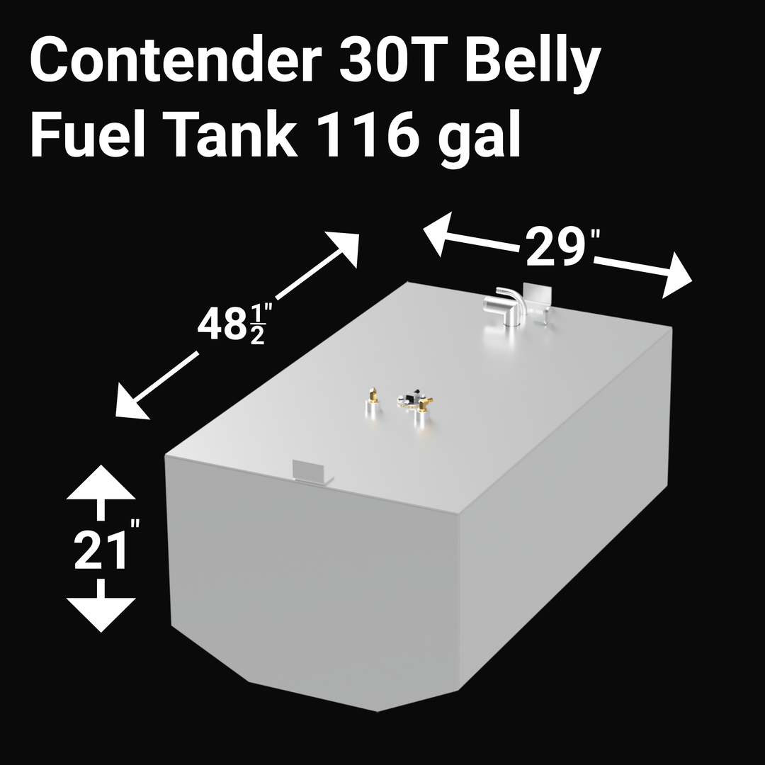 Belly Fuel Tank" system designed for a Contender 30T boat, featuring a total capacity of 116 gallons. This fuel system would typically be custom-fabricated from high-quality, marine-grade aluminum. It might consist of a single large, specially shaped tank or an integrated set of multiple tanks, engineered to maximize fuel storage and precisely fit the specific hull design of the Contender 30T.