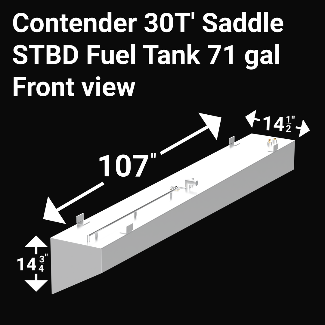 STBD Fuel Tank" system designed for a Contender 30T boat, featuring a total capacity of 71 gallons. This fuel system would typically be custom-fabricated from high-quality, marine-grade aluminum. It might consist of a single large, specially shaped tank or an integrated set of multiple tanks, engineered to maximize fuel storage and precisely fit the specific hull design of the Contender 30T.