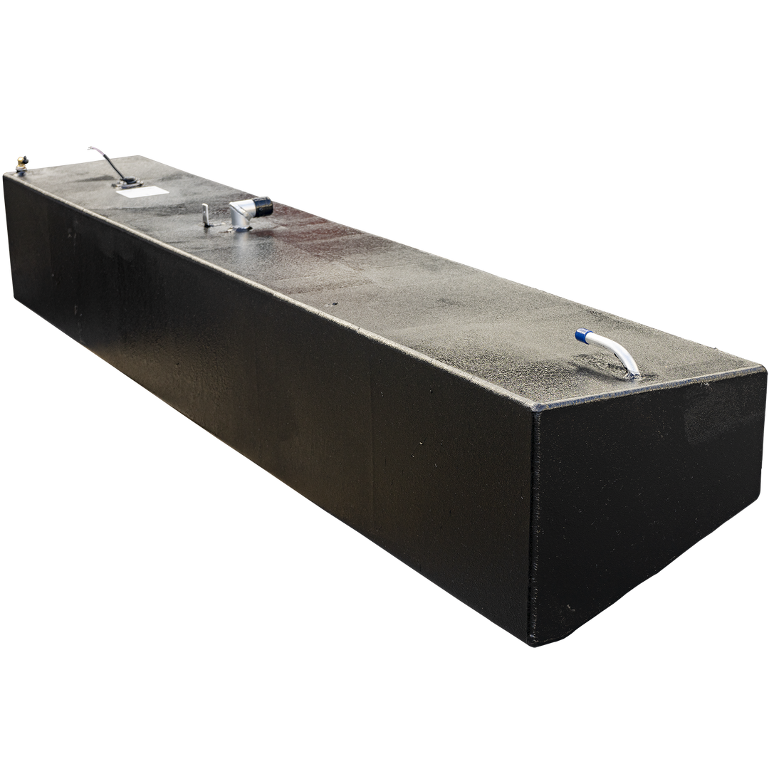 A long, narrow, rectangular boat fuel tank with a textured black finish, seen in a three-quarter profile view against a checkered background. A curved white vent pipe is prominent on the top near corner. At the far end of the tank's flat top surface, an L-shaped valve and a fuel sending unit with a wire are visible