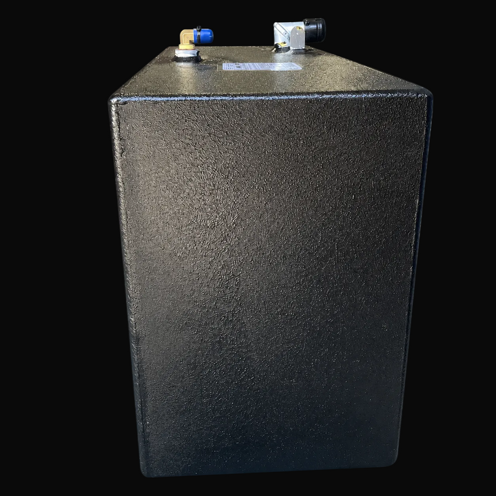 A straight, low-angle front-elevation view of a black Contender 32 replacement marine water/fuel tank from file image_a1cf61.jpg, isolated against a black background. This narrow end perspective highlights the deep, compact rectangular profile of the 29-gallon auxiliary fluid cell, precision-fabricated from heavy-gauge marine-grade 5052-H32 aluminum. The entire outer surface is fully encapsulated in a premium, textured, anti-corrosive black TarGard epoxy coating to shield the aluminum structure against hars