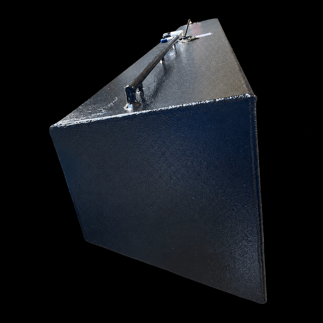 A close-up, low-angle perspective view focusing on the front-elevation end profile of a single black Contender 32 outboard saddle replacement marine fuel tank from file image_a1dec2.jpg, isolated against a black background. This sharp geometric angle isolates one of the long, asymmetrical outboard saddle fuel cells from the multi-tank system combo, emphasizing its flat vertical front face and sloped outer wall meticulously engineered by Welding World to trace the upward deadrise curve of the vessel's hull s