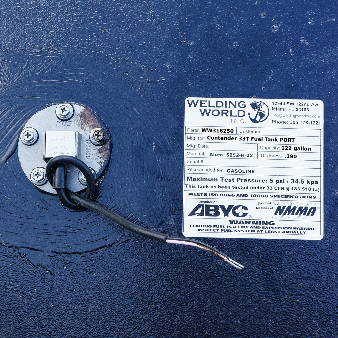 A close-up of a fuel sending unit and the white specification label on a dark textured boat fuel tank. The Welding World Inc. label lists the part as WW316250, manufactured for a "Contender 33T Fuel Tank PORT," with a 122-gallon capacity.