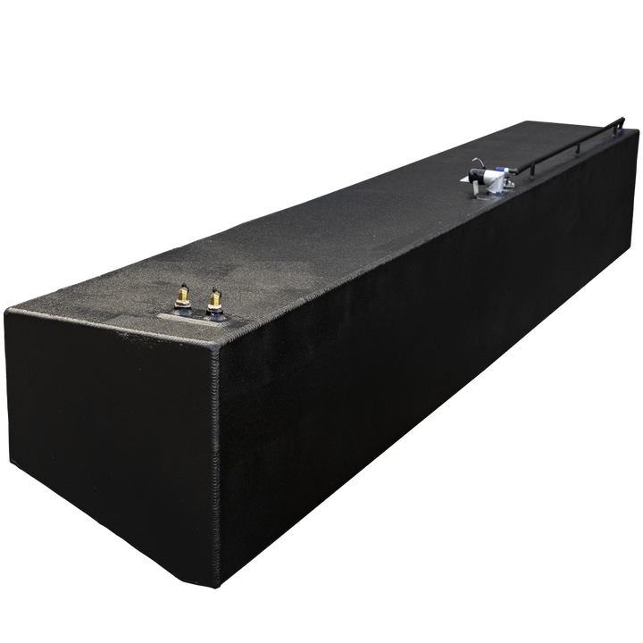 Photograph of a black, rectangular, textured OEM replacement fuel tank for a Contender 36' 2005 model. The tank features two brass fittings on one end and a sensor assembly with wiring on the other end. The background is transparent