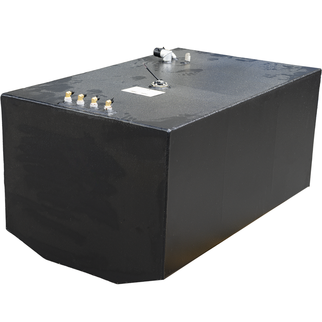 Photograph of a black rectangular Contender 36' 2005 OEM replacement fuel tank center tank, measuring 159 gallons net. The tank has a textured matte black finish and features various fittings, valves, and a white label on the top surface. The background is transparent