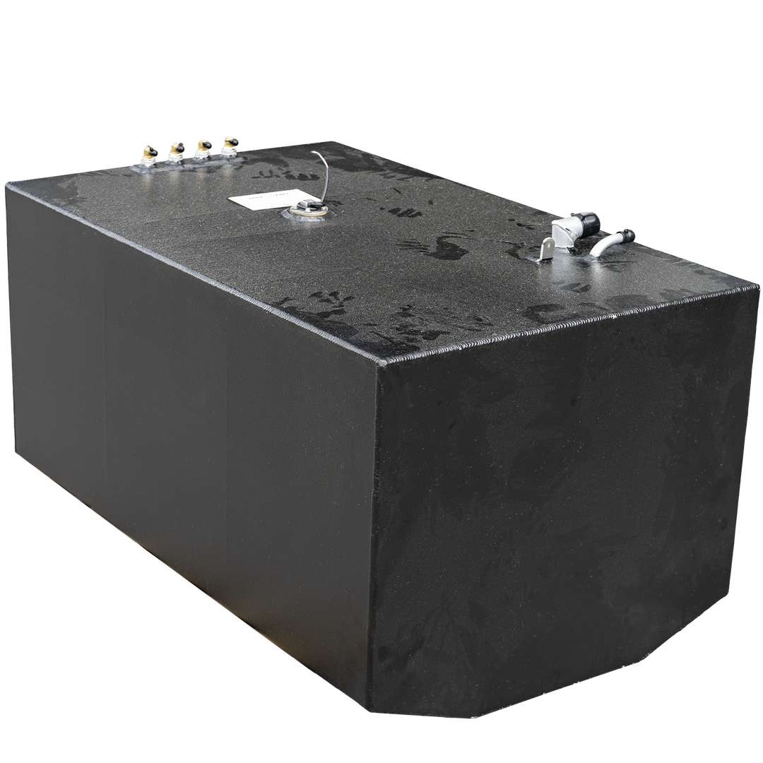 Photograph of a black rectangular Contender 36' 2005 OEM replacement fuel tank center tank with a textured matte finish. The tank has various fittings and valves on the top surface, including a white label. The background is transparent