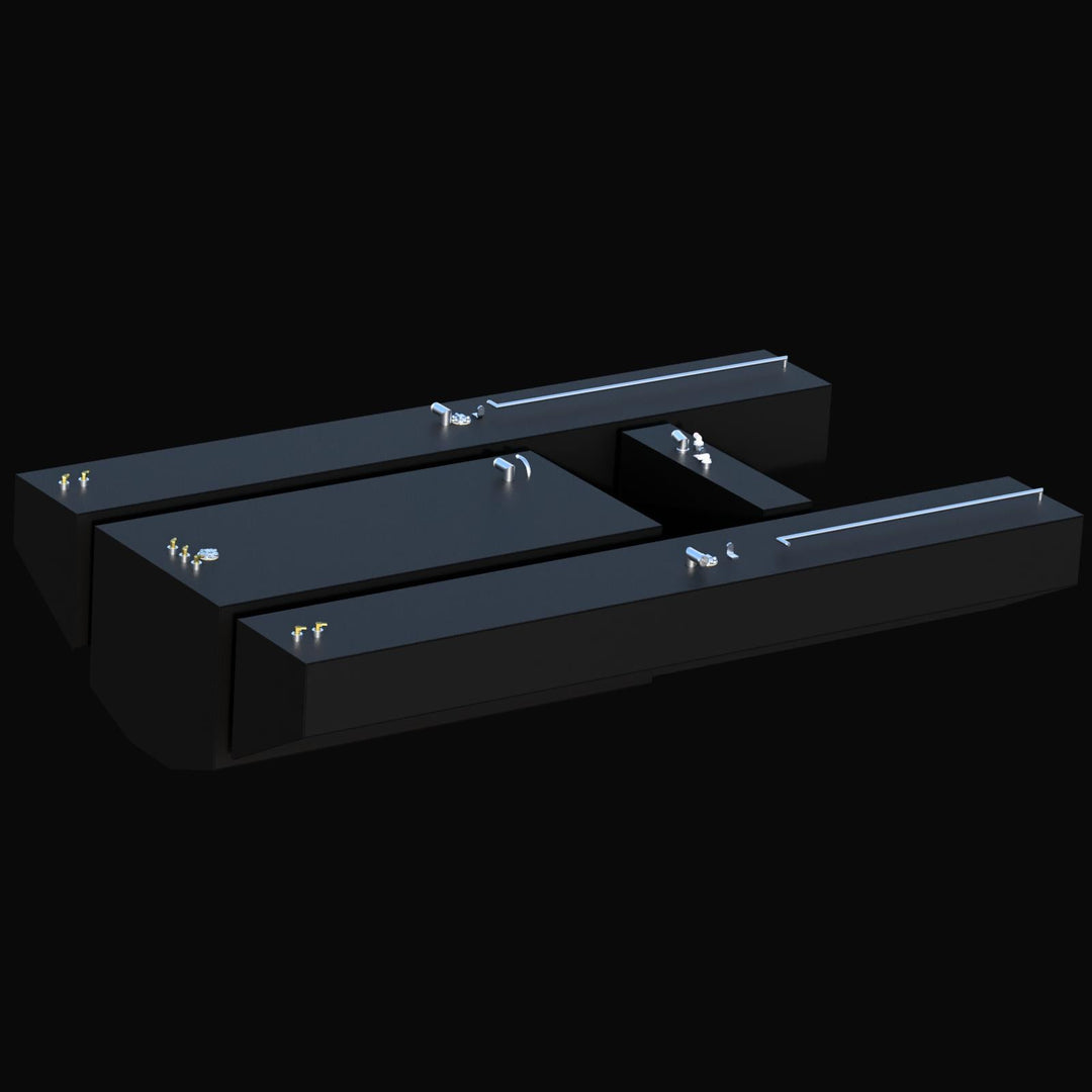 Top-down view of the 123-gallon Port wing fuel tank for a 2012 Contender 39. This OEM replacement is built from .190 marine-grade aluminum and coated in Coal Tar Epoxy. The image clearly shows the specialized fuel pickup, vent, and fill locations specific to the port-side configuration, ensuring a direct-fit installation that meets all USCG and ABYC safety standards.