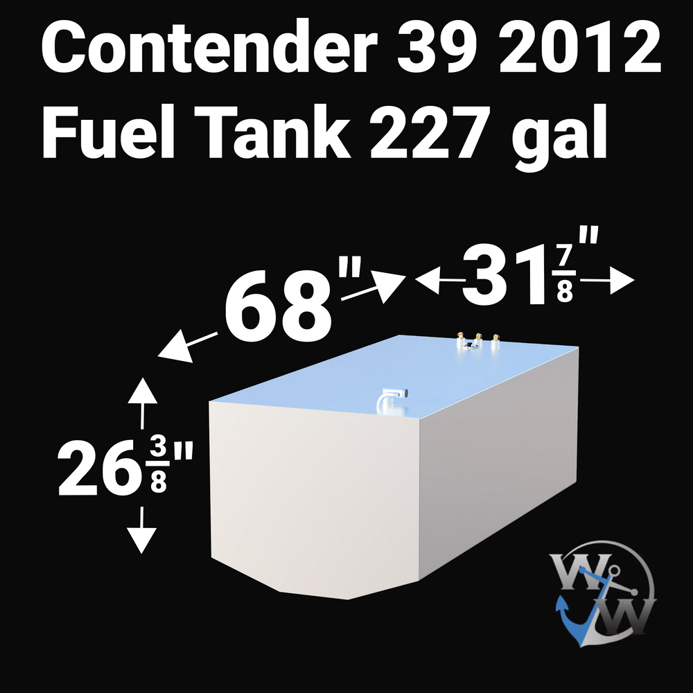 High-angle perspective of a 123-gallon Starboard side wing fuel tank for a 2012 Contender 39. This OEM replacement is built from heavy-duty .190 marine-grade aluminum and features a full Coal Tar Epoxy coating. The image showcases the specific fitting orientation and mounting flanges required for a perfect "drop-in" fit within the starboard hull cavity, ensuring full USCG and ABYC compliance.