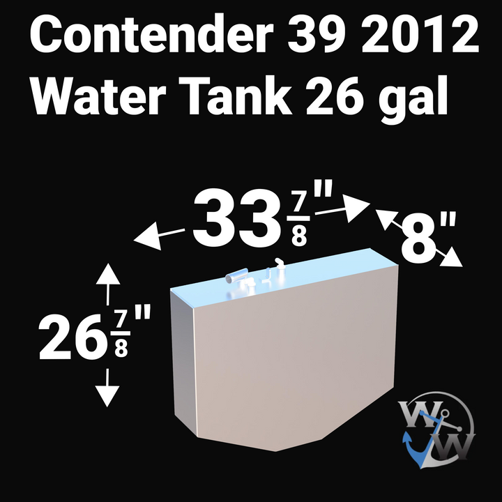 Isometric view of the 227-gallon Main Center fuel tank for a 2012 Contender 39. This OEM replacement is fabricated from heavy-duty .190 marine-grade aluminum and finished with a protective Coal Tar Epoxy coating. The image highlights the large-capacity design, precision-welded baffles, and central pickup points required for high-performance offshore use and USCG/ABYC compliance.