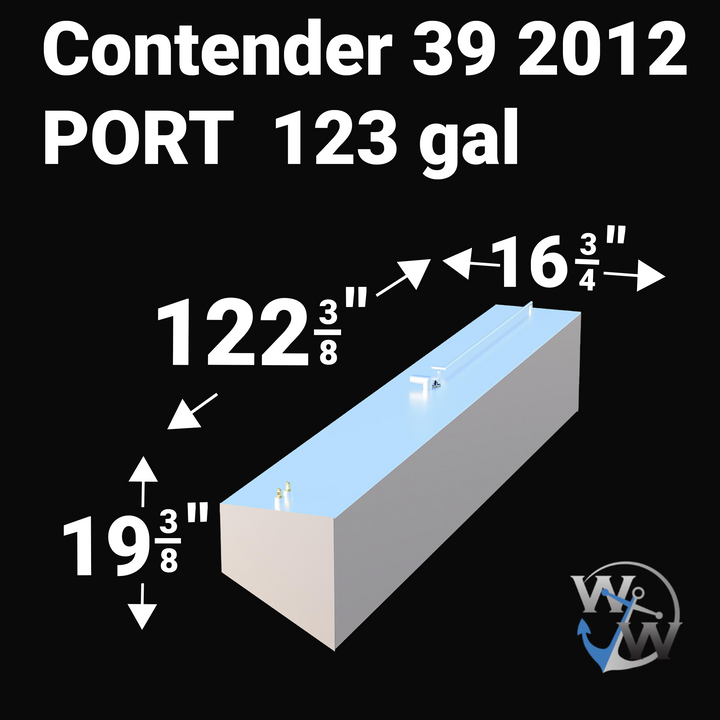 Detailed perspective of the 227-gallon Main Center fuel tank for a 2012 Contender 39. This OEM replacement is built from .190 marine-grade aluminum and fully coated in Coal Tar Epoxy. The image provides a clear view of the high-quality fuel pickups, sending unit, and reinforced top-plate construction, ensuring a high-performance, USCG-compliant fuel solution.