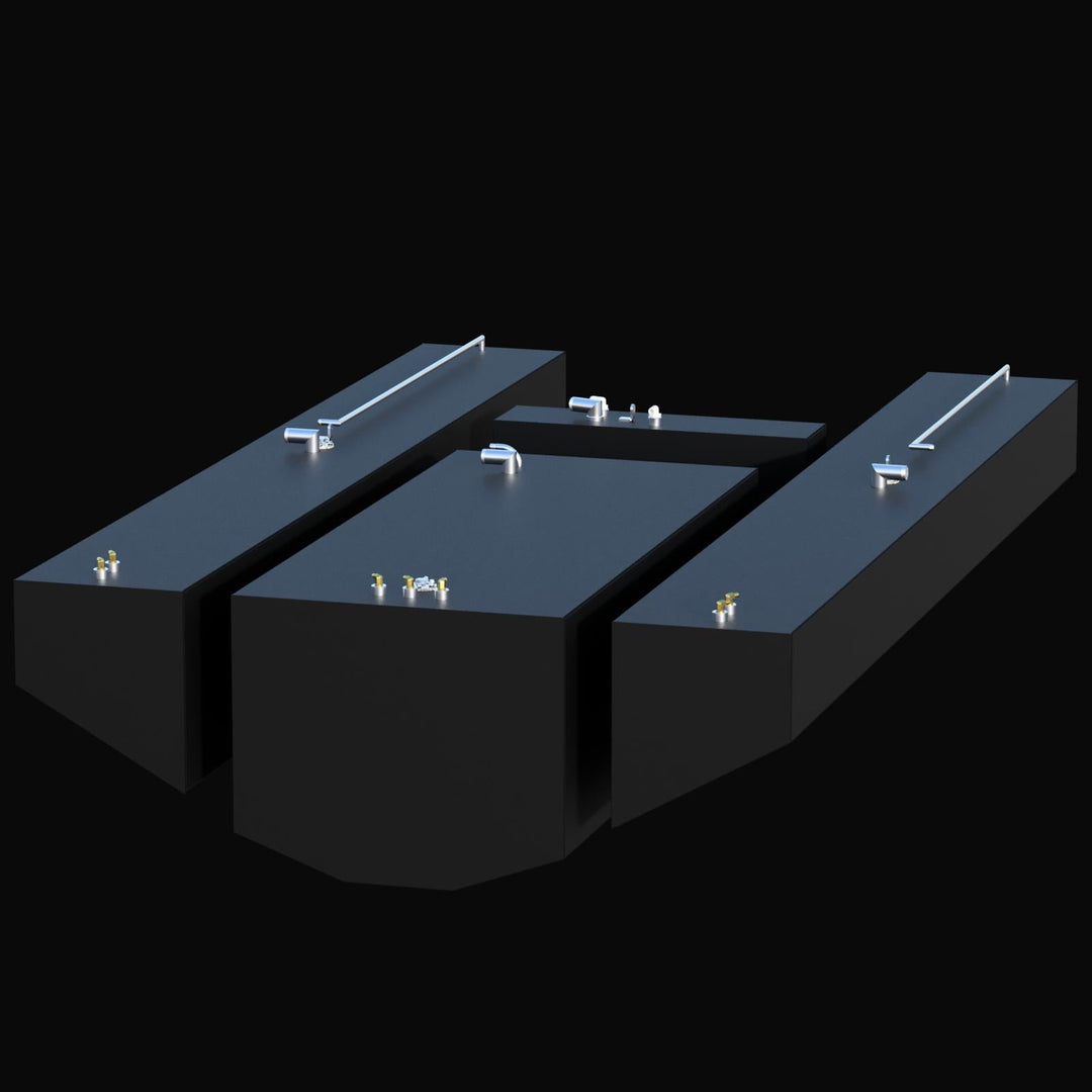 High-angle view of a 123-gallon Port side wing fuel tank for a 2012 Contender 39. This OEM replacement is constructed from heavy-duty .190 marine aluminum with a protective Coal Tar Epoxy coating. The image highlights the specific fuel pickup and vent placement required for the port-side stringer cavity, ensuring USCG and ABYC compliance.