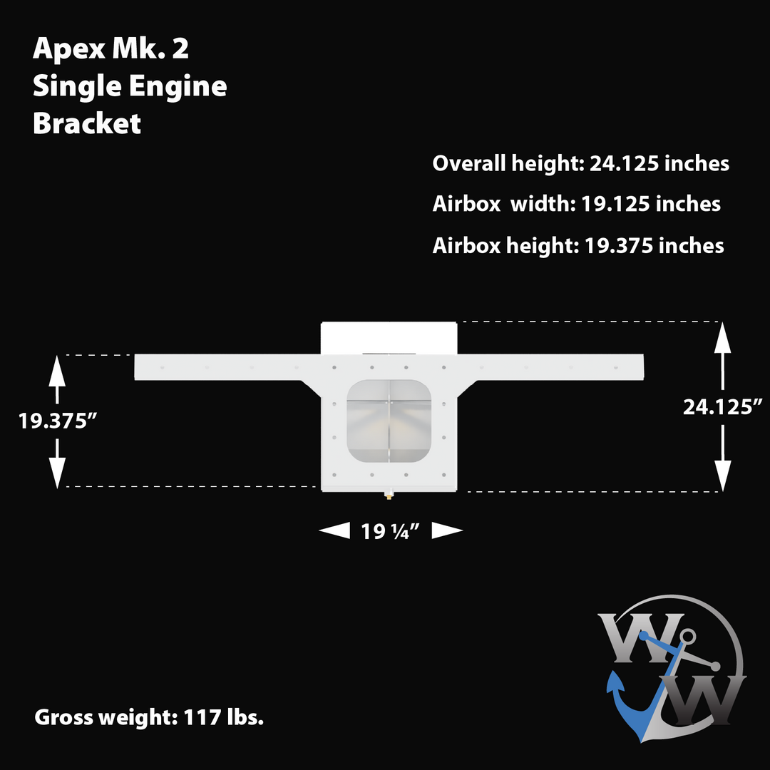 Image of the Apex Mk. 2 Single Engine Bracket. The bracket features a central airbox with dimensions: overall height of 24.125 inches, airbox width of 19.125 inches, and airbox height of 19.375 inches. The bracket has a gross weight of 117 lbs. The design includes arrows indicating the measurements and a logo in the bottom right corner