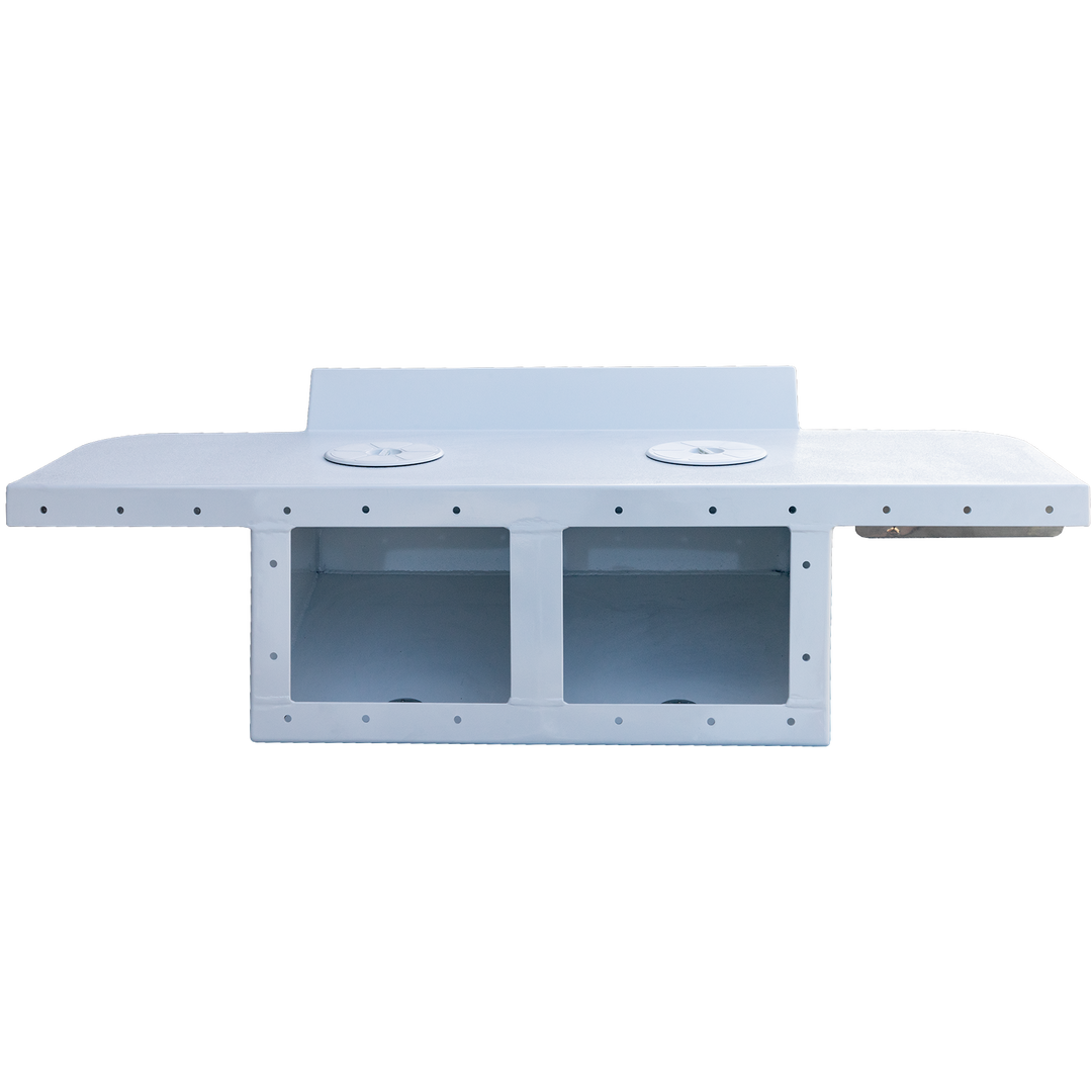 A custom-built Apex Mk. II twin engine bracket featuring a flat, white surface with two circular cutouts on top. The bracket has a rectangular base with two open compartments below, designed for engine mounting and storage. The background is transparent.