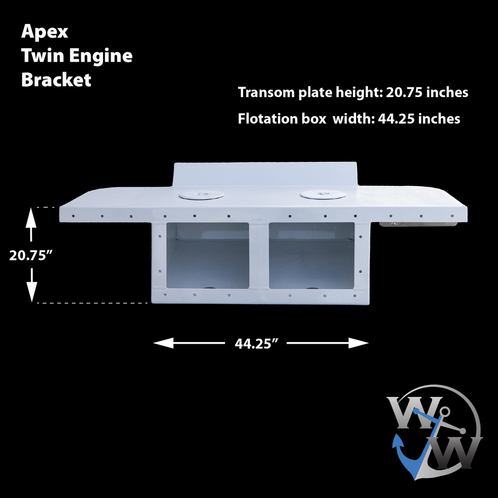 Image of the Apex Mk. II Twin Engine Bracket. The bracket features a transom plate height of 20.75 inches and a flotation box width of 44.25 inches. The design includes two circular cutouts on the top surface, and the overall dimensions are clearly labeled