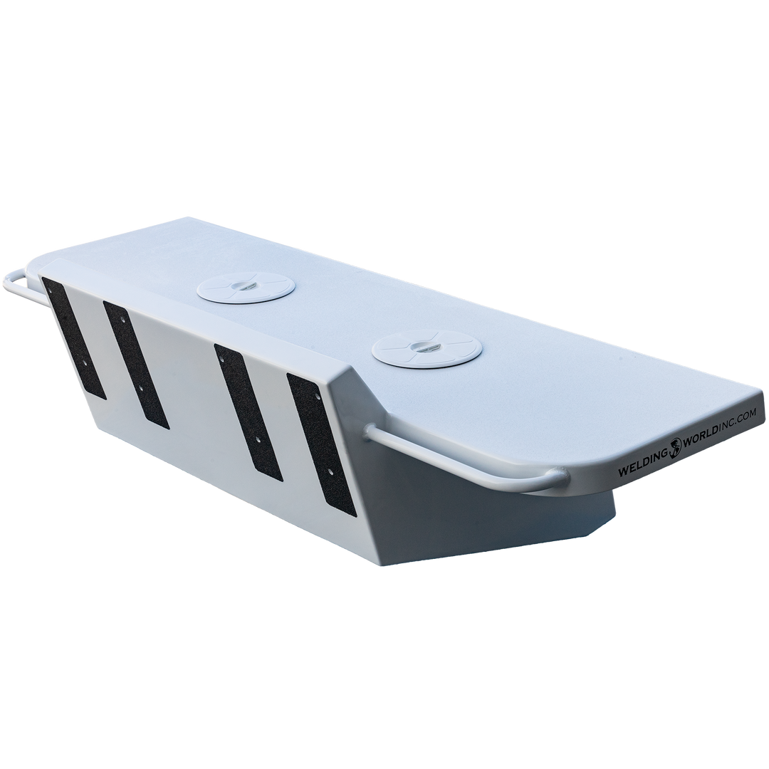  A custom-built Apex Mk. II twin engine bracket, featuring a sleek white design with two circular access hatches on top and black grip strips on the sides. The bracket has a streamlined shape and is equipped with handles for easy handling
