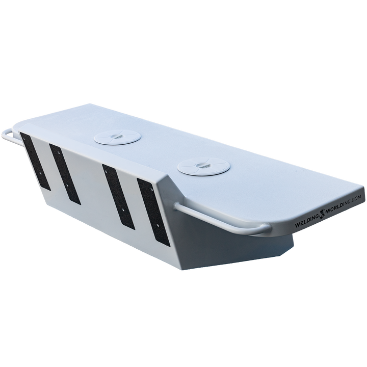  A custom-built Apex Mk. II twin engine bracket, featuring a sleek white design with two circular access hatches on top and black grip strips on the sides. The bracket has a streamlined shape and is equipped with handles for easy handling