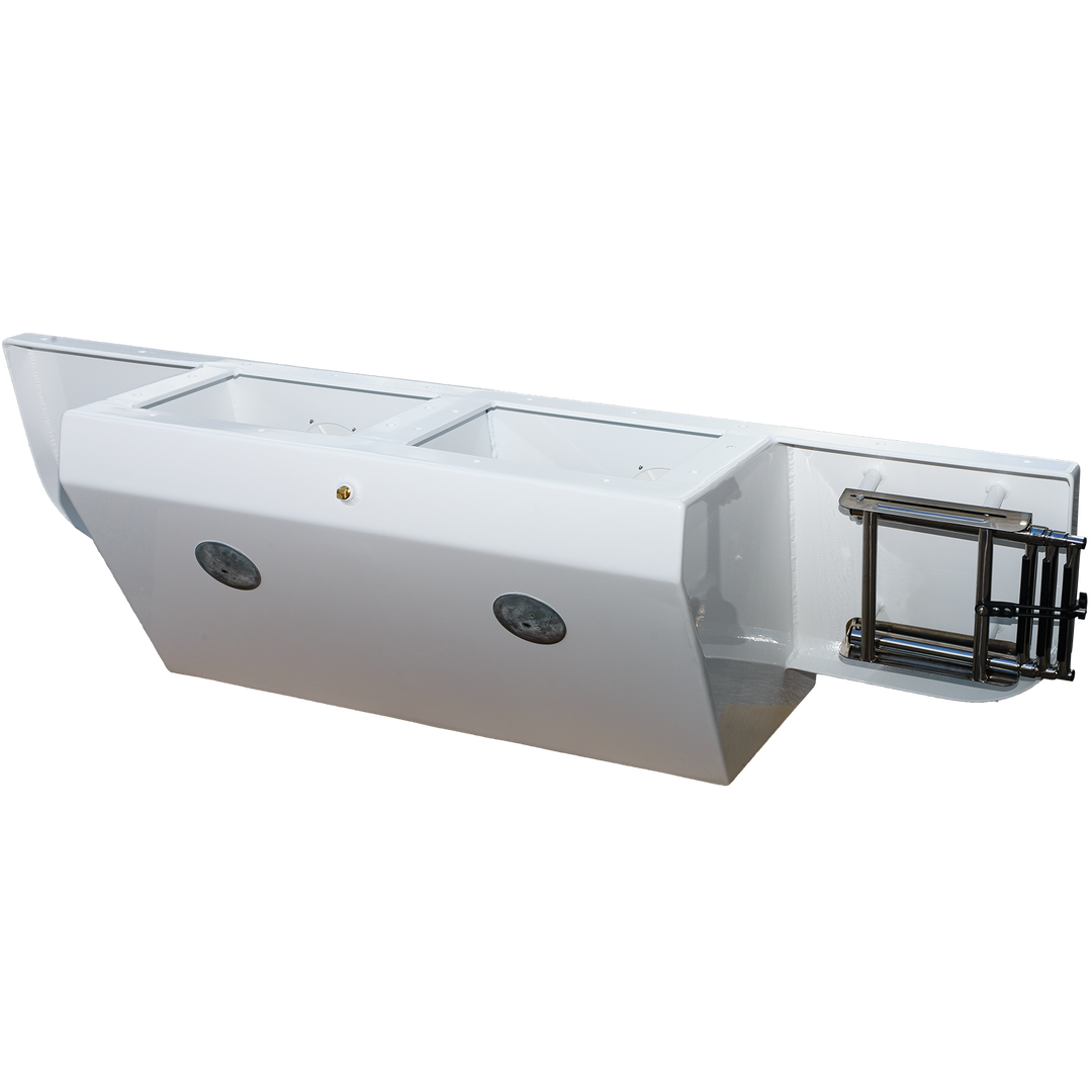 A custom-built Apex Mk. II twin engine bracket, featuring a sleek white design with two rectangular compartments and circular access ports on the front. The bracket includes a side-mounted metal frame for securing engines, showcasing a modern and functional aesthetic