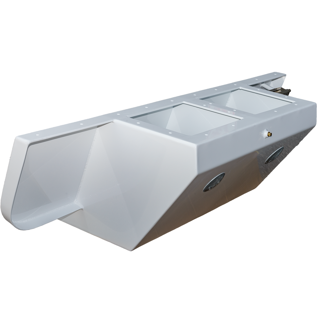 A custom-built Apex Mk. II twin engine bracket, featuring a sleek, white design with two rectangular openings on the top and circular vents on the sides. The bracket has a smooth finish and is angled for optimal engine mounting