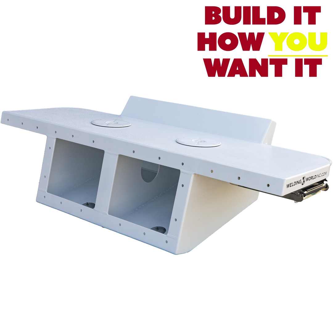 Image of a custom-built Apex Mk. II Twin Engine Bracket. The bracket features a sleek, white design with two circular cutouts on the top surface. The text overlay reads "BUILD IT HOW YOU WANT IT" in bold, colorful letters, emphasizing customization options. The background is transparent, highlighting the bracket's structure