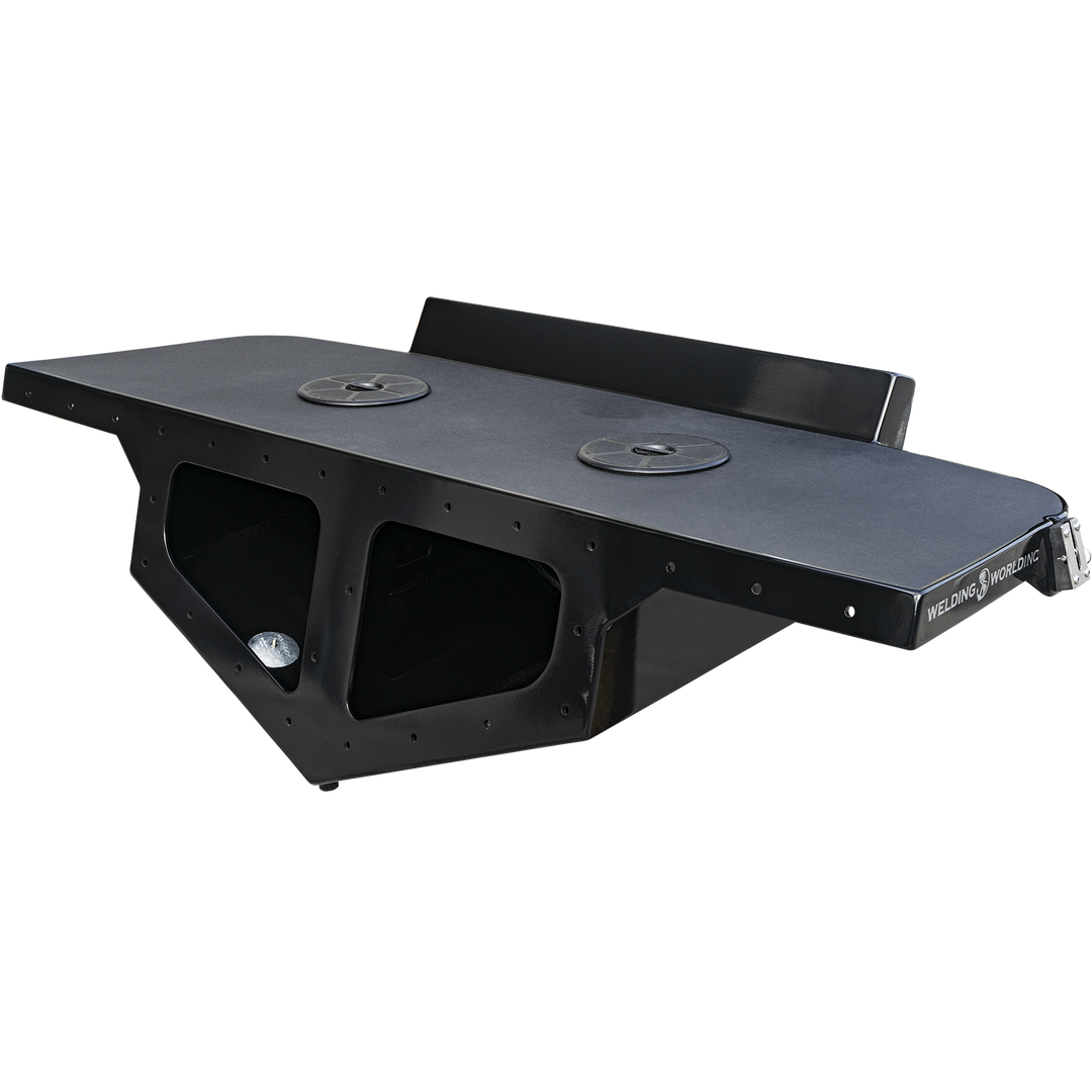 A black, rectangular high flotation twin outboard engine bracket labeled "Mk.2" with two circular access covers on the top surface. The bracket has a sturdy, angular design with open sides revealing internal compartments, and it is set against a transparent background
