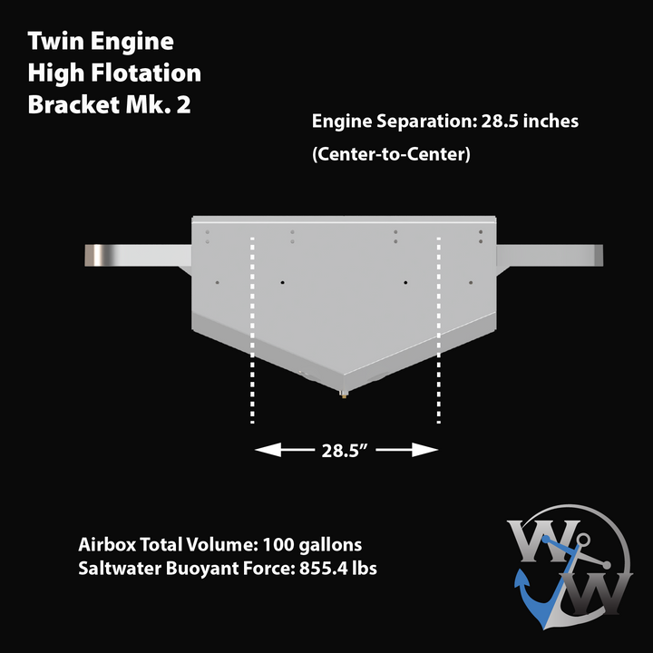 A technical diagram of a custom high flotation twin outboard engine bracket, labeled "Mk.2." The illustration shows the front view of the bracket with a center-to-center engine separation of 28.5 inches, marked by a horizontal double-headed arrow. The bracket features a wide, rectangular shape with two extended arms on each side. Additional specifications include an airbox total volume of 100 gallons and a saltwater buoyant force of 855.4 pounds. The diagram also displays a logo with the letters "W" and "W"