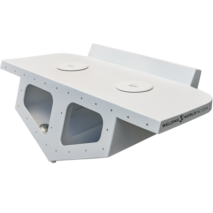 A white, custom high flotation twin outboard engine bracket labeled "Mk.2" with a rectangular shape, multiple mounting holes, and large cutouts on the sides. The bracket features the logo "WELDING WORLDWIDE" on the front edge and is designed to support two outboard engines