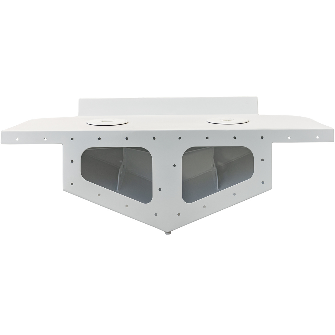 A white, custom high flotation twin outboard engine bracket labeled "Mk.2," viewed from above. The bracket has a rectangular shape with two large cutouts on each side, designed to support two outboard engines. The background is transparent with a checkerboard pattern