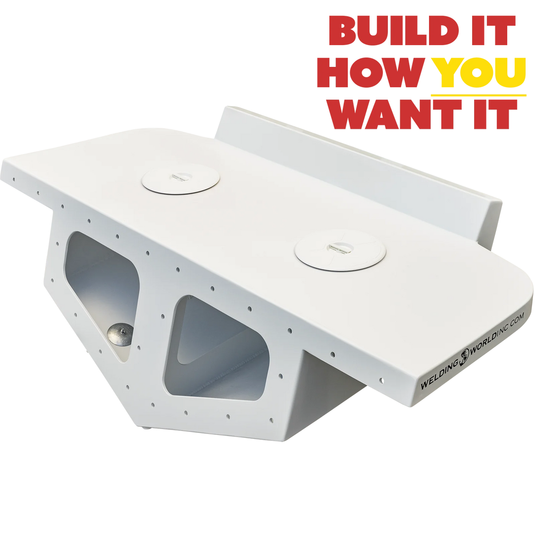 A white, custom high flotation twin outboard engine bracket labeled "Mk.2" with a geometric, angular design. It features multiple mounting holes and cutouts, and has the text "WELDING WORLDWIDE" on the side. The background is a transparent checkerboard pattern, and there is colorful text in the top right corner that says "BUILD IT HOW YOU WANT IT."