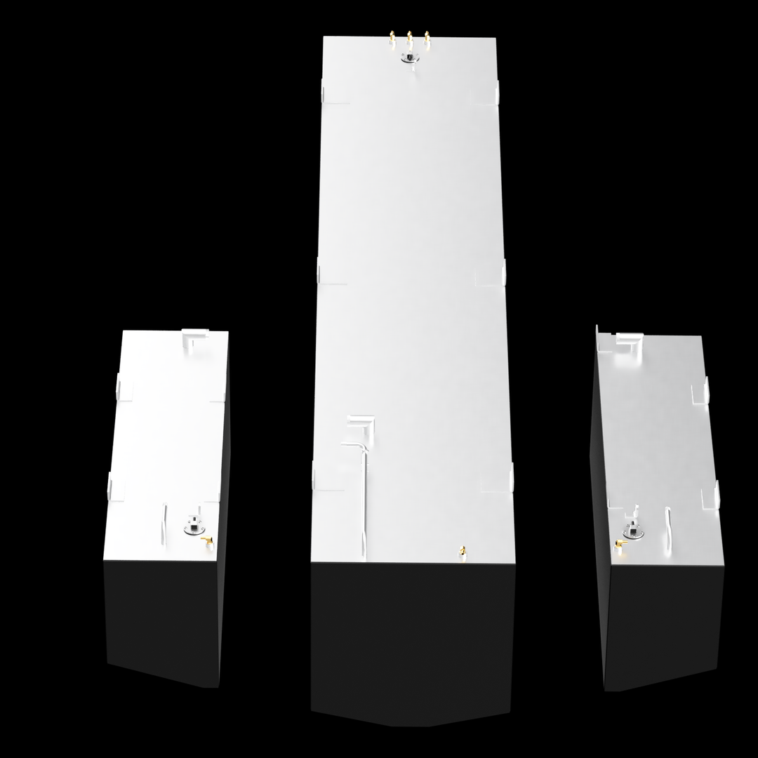This image shows a set of three fuel tanks rendered in a gray and black color scheme on a black background. The tanks are arranged side by side in descending size from left to right. The largest tank is positioned in the center with the longest rectangular shape and several fittings and mounting tabs on its top surface. The two smaller tanks flank the larger one on either side and have similar rectangular forms with fittings and mounting tabs