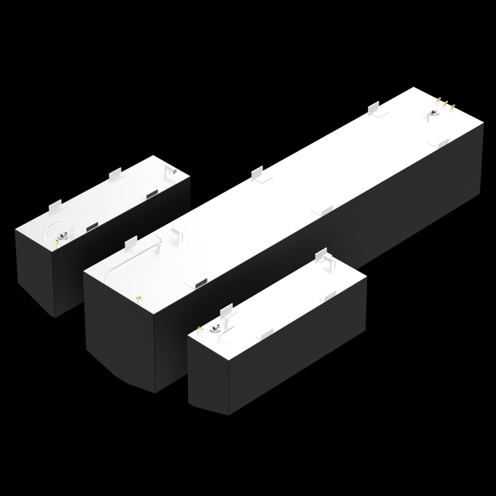 This image shows a set of three fuel tanks with a black exterior and white tops, arranged side by side against a black background. The tanks vary in size, with the largest tank placed in the center and two smaller tanks flanking it on the left and right. Each tank has metal mounting tabs along the top edges and fittings such as valves, vents, and connectors positioned on the top surface. The tanks appear to be OEM replacement fuel tanks for marine or industrial use