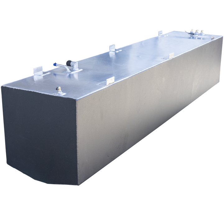 This image shows a large rectangular aluminum fuel tank viewed from a front-side angle against a transparent background. The tank has a smooth metallic surface with visible weld seams along the edges and several mounting brackets attached to the top edges. On the top surface, there are various fittings and pipes, including a curved pipe with a black cap near the front and several other fittings towards the back. The tank is designed for industrial or marine use, specifically identified as part of a 3-tank