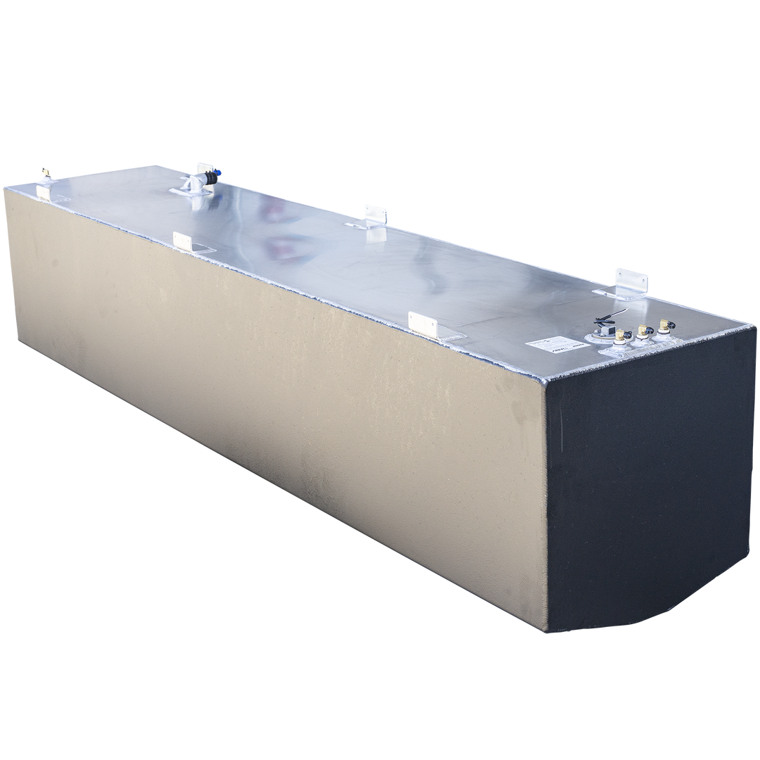 This image shows a large rectangular aluminum fuel tank viewed from a front-side angle against a transparent background. The tank has a smooth metallic surface with visible weld seams along the edges and several mounting brackets attached to the top edges. On the top surface, there are various fittings and pipes, including a curved pipe with a black cap near the front and several other fittings towards the back. The tank is designed for industrial or marine use, specifically identified as part of a 3-tank 