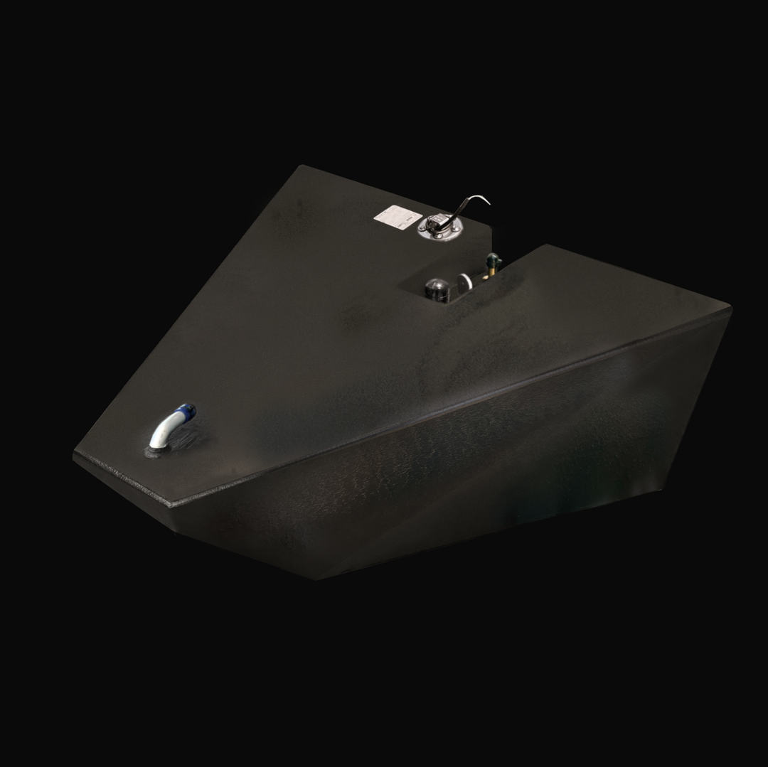 A studio high-angle isometric view displaying the unique tapered, forward-bow wedge shape of a physical, finished black encapsulated Dolphin Skiffs 16 OEM replacement marine fuel tank (1998), isolated against a black background. Precision-fabricated from heavy-gauge marine-grade 5052-H32 aluminum, the custom-contoured wedge body is fully encapsulated in a protective, textured black TarGard epoxy coating to resist severe saltwater pitting and bilge moisture decay. The top deck configuration features a forwar