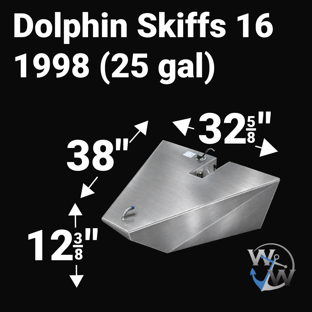 A studio product diagram displaying the exact dimension specifications for a 3D digital CAD model rendering of an unencapsulated bare aluminum Dolphin Skiffs 16 OEM replacement marine fuel tank (25 gal 1998) from file image_433519.jpg, isolated against a black background. The isometric view shows the custom forward-bow wedge hull profile with bold white measurement arrows indicating key overall dimensions: 38 inches in length, 32 5/8 inches in max width, and 12 3/8 inches in total height. Top deck hardware 