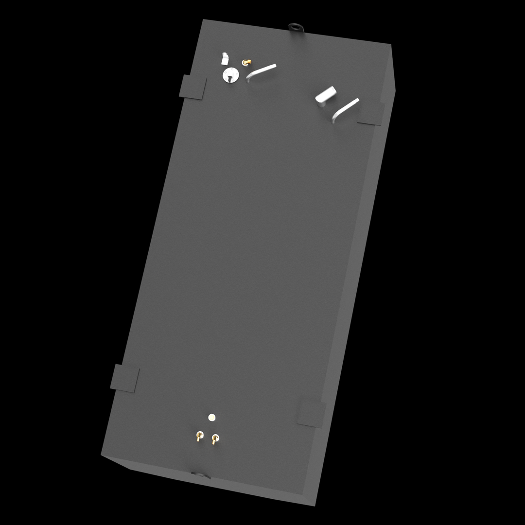 3D model of an Advanced 33 Port Saddle Fuel Tank with top fittings and mounting brackets visible. The tank is rectangular with angled ends, shown from a top-down angled perspective on a black background