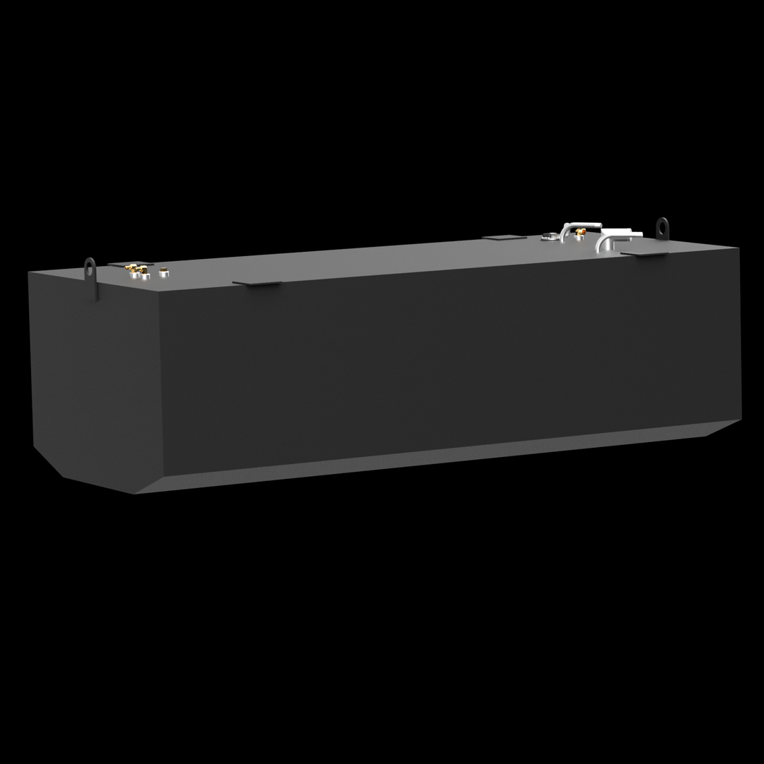 3D model of an Advanced 33 Starboard Saddle Fuel Tank viewed from a low front right angle, showing a rectangular tank with angled edges, flat top with fittings, mounting brackets, and lifting eyes, rendered in gray on a black background
