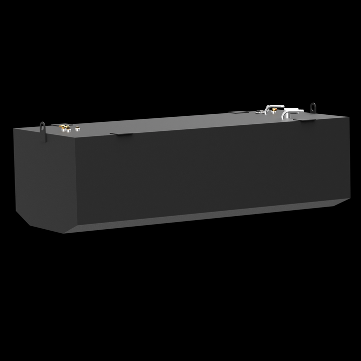 3D model of an Advanced 33 Starboard Saddle Fuel Tank viewed from a low front right angle, showing a rectangular tank with angled edges, flat top with fittings, mounting brackets, and lifting eyes, rendered in gray on a black background