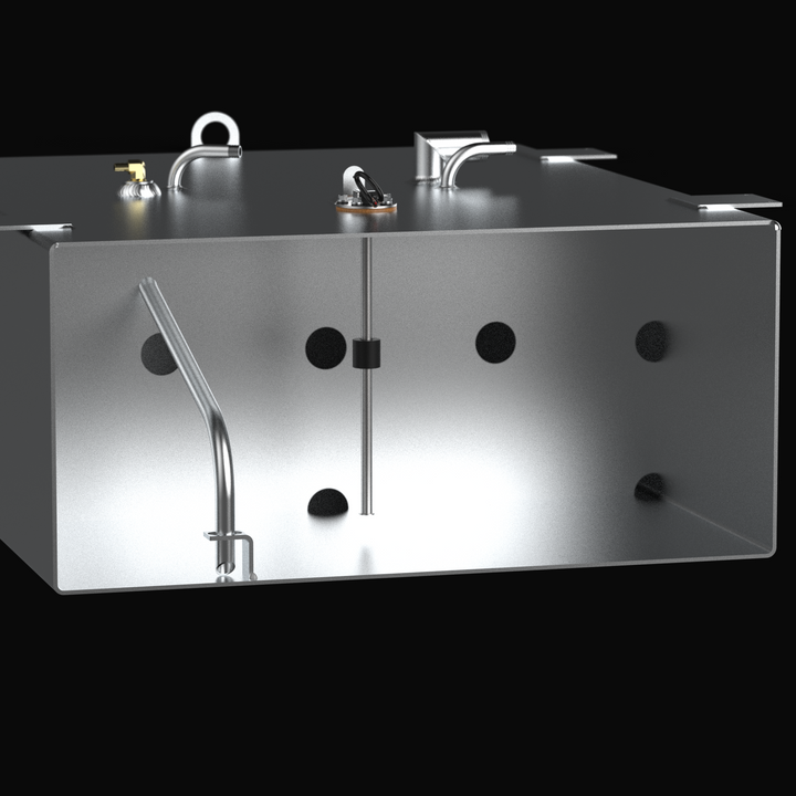A studio cutaway internal perspective view displaying the interior construction of a 3D digital CAD model rendering for the Donzi 35ZF 2003 Aux OEM replacement marine fuel tank (75 gal) from file image_848468.jpg, isolated against a black background. Fabricated from unencapsulated heavy-gauge marine-grade 5052-H32 aluminum, the cross-section reveals internal anti-slosh baffle plates with flow limber holes, an internal fuel pickup drop tube with a bottom foot bracket, and an electronic fuel level sending uni