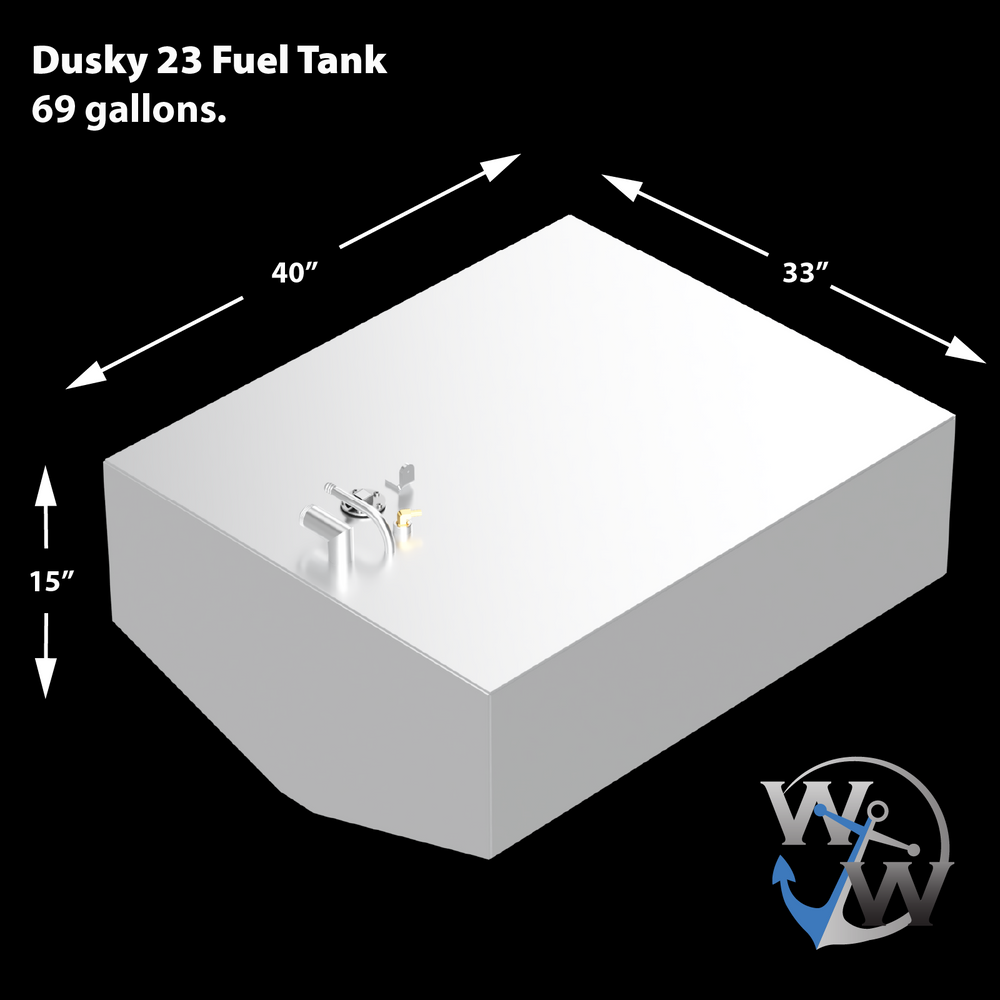 3D rendered model of 69-gallon aluminum belly fuel tank for Dusky 23, showcasing dimensional callouts: 40" length × 33" width × 15" height. Features metallic surface finish with top-mounted ports and inspection fittings. Render includes manufacturer branding for traceability and schematic use. Form confirms compatibility with original hull cavity while supporting increased capacity over prior 47-gallon plastic design