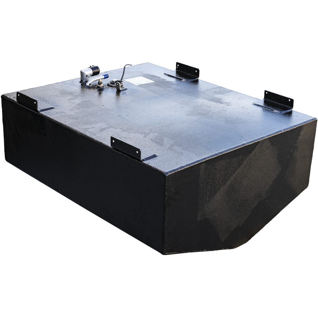 Fully assembled 69-gallon aluminum replacement belly tank for Dusky 23, featuring black powder-coated finish, four corner mounting brackets, and top-mounted components: blue-handled shutoff valve, capped vent/fill port, and precision-level sensor unit. Layout supports optimal deck access, mechanical servicing, and marine system integration. Label affixed for specification traceability and compliance verification