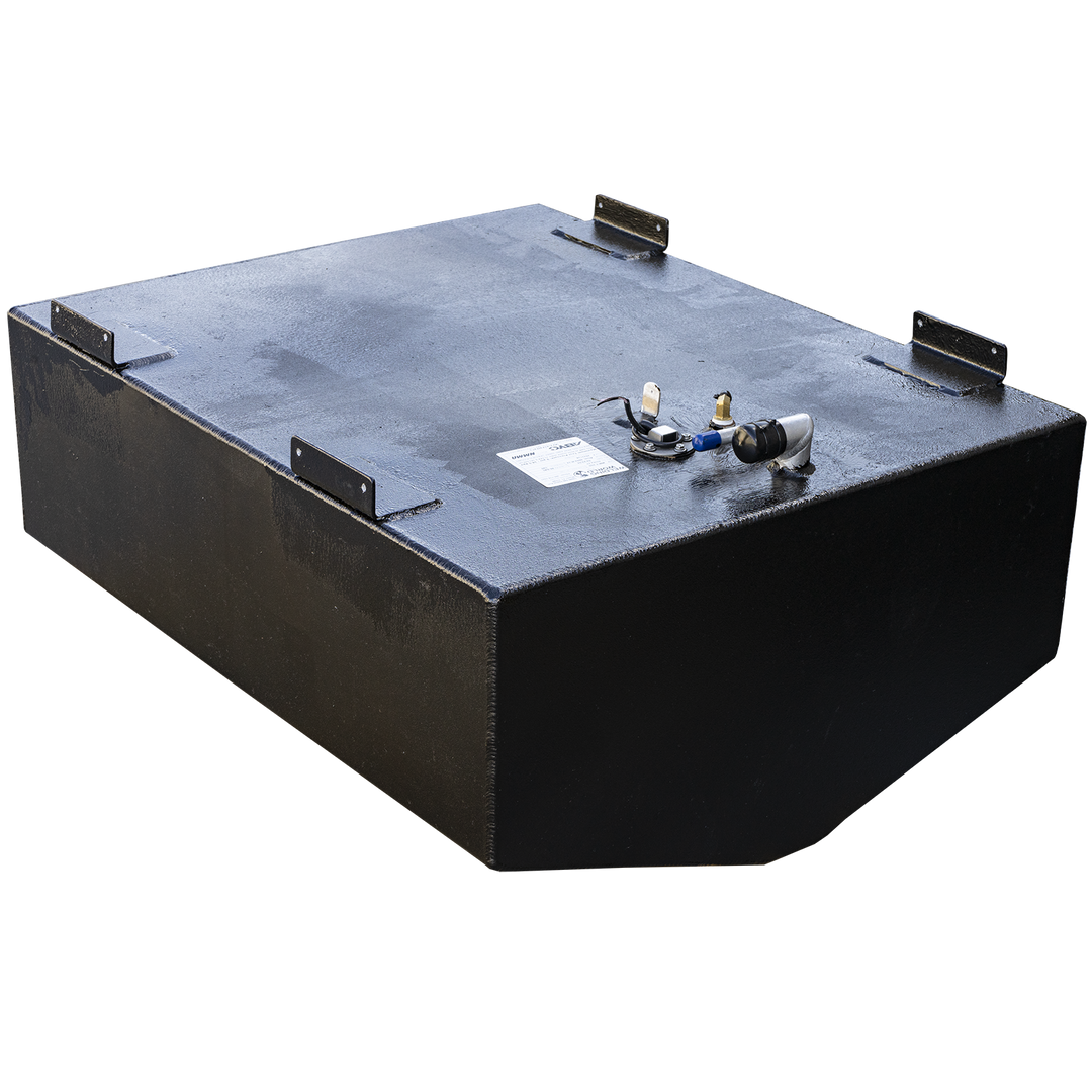 69-gallon aluminum belly fuel tank upgrade for Dusky 23, featuring black powder-coated finish, four welded mounting brackets, and fully installed top-mounted hardware. Includes circular sender unit with attached wiring harness, capped auxiliary port, and threaded vent or return fitting. Wiring is routed and secured, supporting level sensing and integration with monitoring systems. Label affixed for traceability and compliance with marine fuel standards