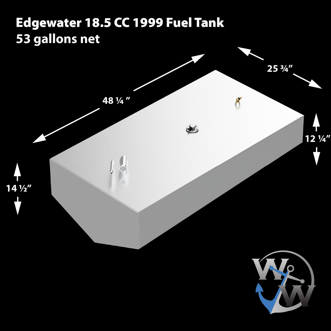 A 3D schematic of the replacement fuel tank for a 1999 Edgewater 18.5 CC, shown against a black background. Text on the image identifies it as a 53-gallon net capacity tank. Dimension lines detail its measurements as 48 ¼ inches long by 25 ¾ inches wide, with a main body height of 12 ¼ inches and a total height of 14 ½ inches at the V-shaped front. The silver-colored schematic displays several fittings on its top surface. The 'WW' anchor logo for Welding World is in the bottom right corner