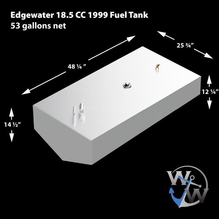 A 3D schematic of the replacement fuel tank for a 1999 Edgewater 18.5 CC, shown against a black background. Text on the image identifies it as a 53-gallon net capacity tank. Dimension lines detail its measurements as 48 ¼ inches long by 25 ¾ inches wide, with a main body height of 12 ¼ inches and a total height of 14 ½ inches at the V-shaped front. The silver-colored schematic displays several fittings on its top surface. The 'WW' anchor logo for Welding World is in the bottom right corner