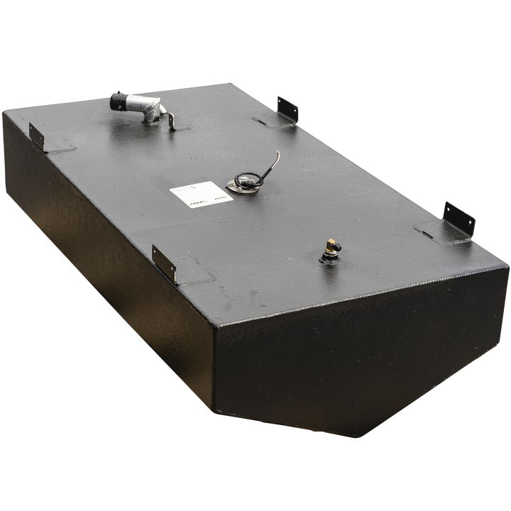 A rectangular boat fuel tank with a heavy, textured black coating, viewed from a high three-quarter angle against a checkered background. Four L-shaped mounting tabs are welded to the top corners. Various fittings are spaced along the top surface, including a brass fitting in the foreground, a central fuel sending unit with a label, and a fuel fill assembly at the far end