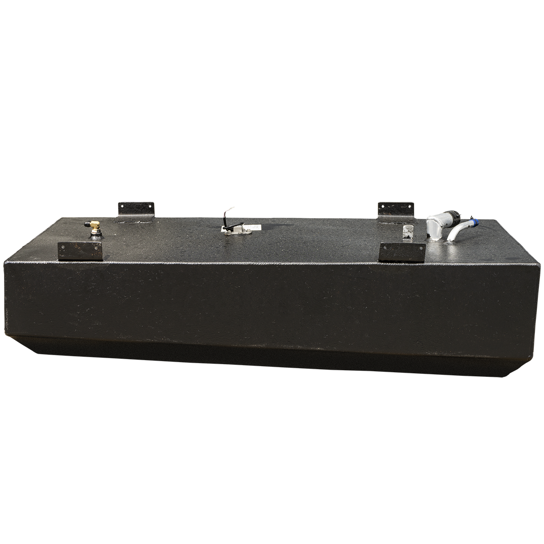 A side profile view of a long, rectangular boat fuel tank with a heavy, textured black coating, set against a checkered background. The bottom of the tank has a slight V-shape to match a boat's hull. Four black mounting tabs are attached to the top edge, and various fittings, including a brass fitting, a central fuel sending unit, and a fuel fill assembly with a white pipe, are spaced along the top surface