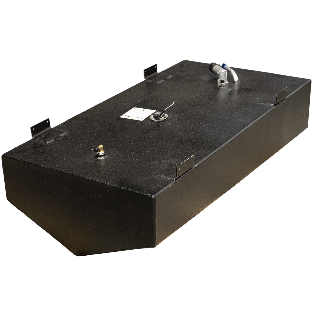 A black boat fuel tank with a textured coating and a shallow V-shape cut into its front bottom edge, viewed from a high three-quarter angle against a checkered background. Four L-shaped mounting tabs are welded to the top edges. Various fittings are spaced along the top surface, including a brass fitting at the front corner, a central fuel sending unit with a label, and a fuel fill assembly at the far end