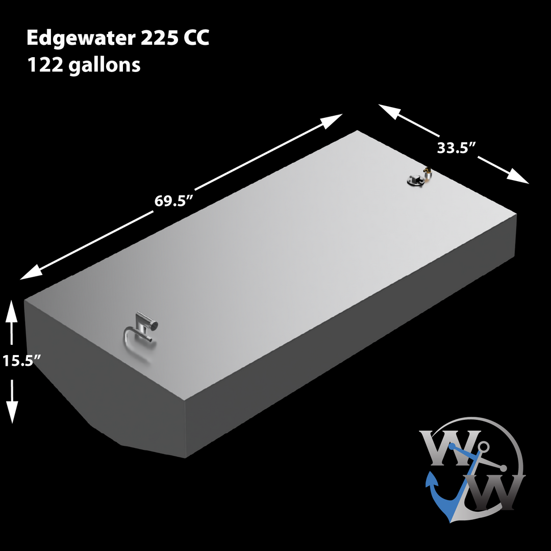 Illustration of a 122-gallon OEM replacement belly fuel tank for Edgewater 225 CC, featuring dimensions of 69.5 inches in length, 33.5 inches in width, and 15.5 inches in height, with a fuel fill and vent fitting