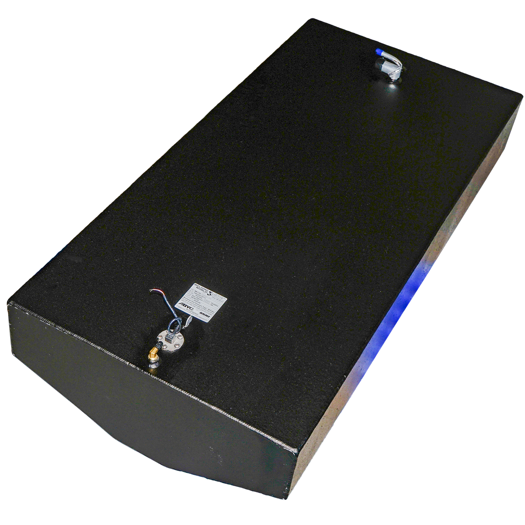 OEM replacement belly fuel tank for Edgewater 225 CC, featuring a sleek black design and equipped with fuel fittings and a gauge