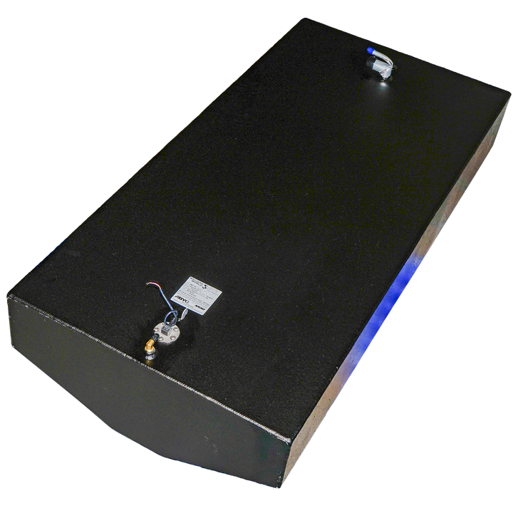 OEM replacement belly fuel tank for Edgewater 225 CC, featuring a sleek black design and equipped with fuel fittings and a gauge